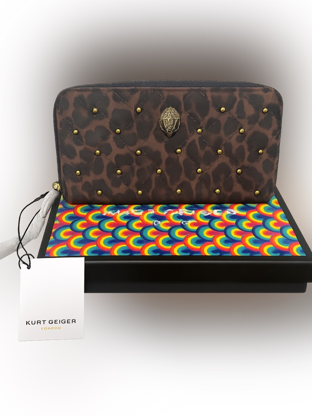 Kurt Geiger Brown Leopard Quilted Zip-Around Wallet with Studs